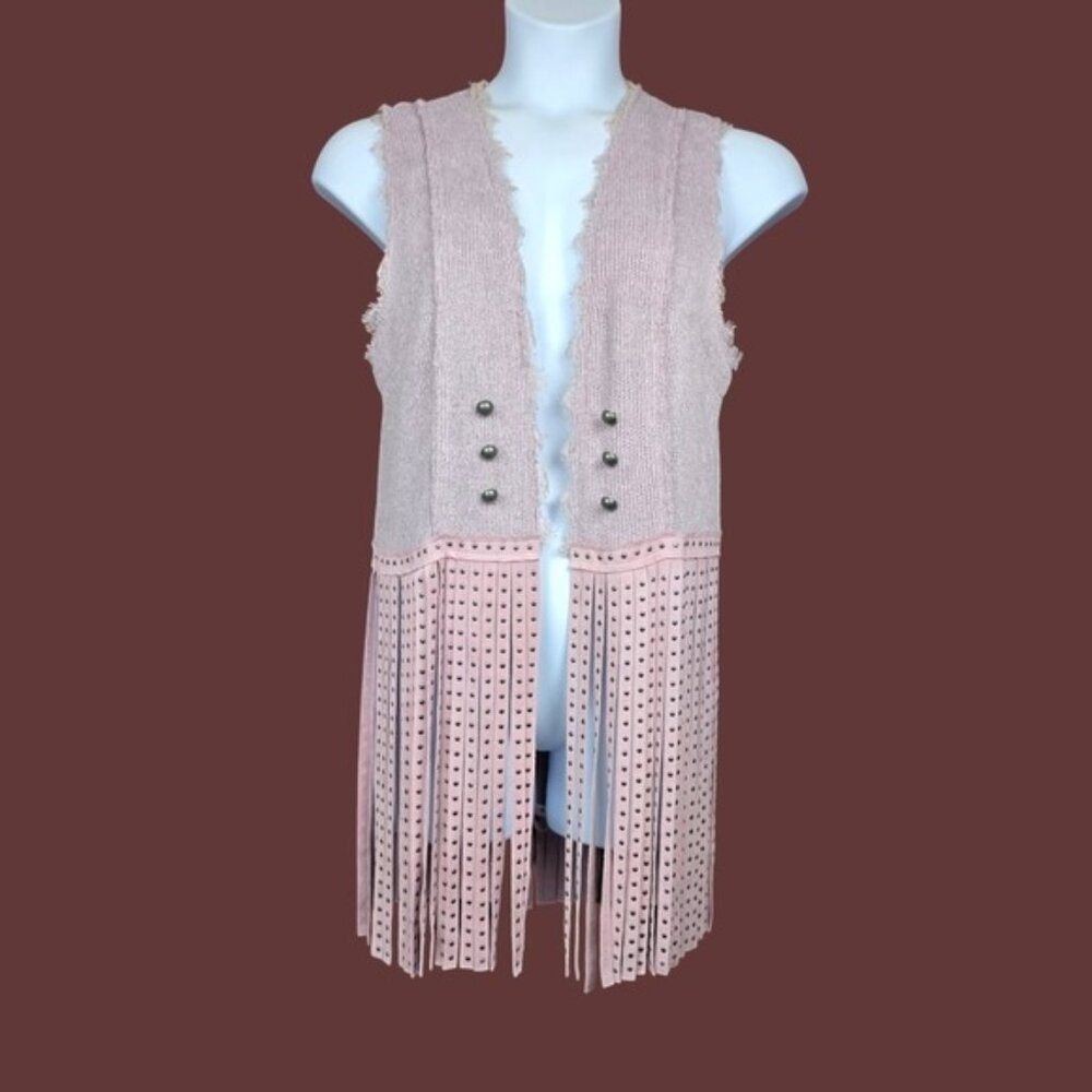 Vocal Womens Sleeveless Mauve Pink Studded Fringe Duster Cardigan Vest Size M